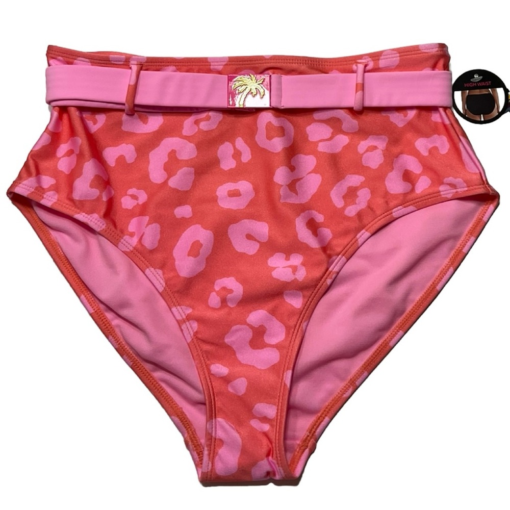 New Nobo, No Boundaries High Waist swim bottoms with belt size Pink leopard